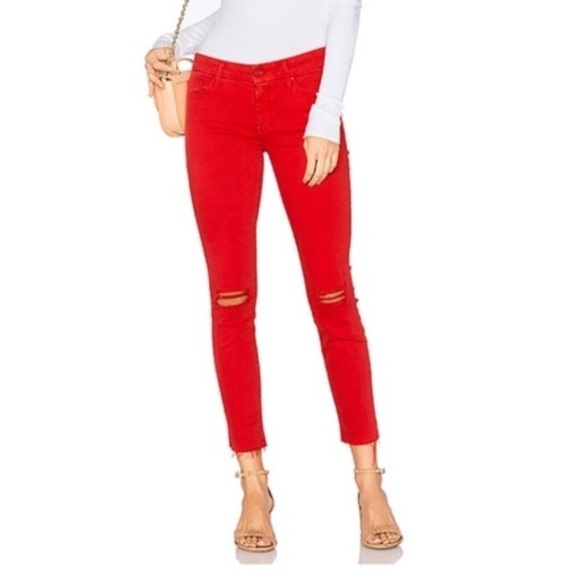 MOTHER Looker Ankle Fray Jeans Firecracker Red Distressed Women’s Size 26 - Picture 1 of 14